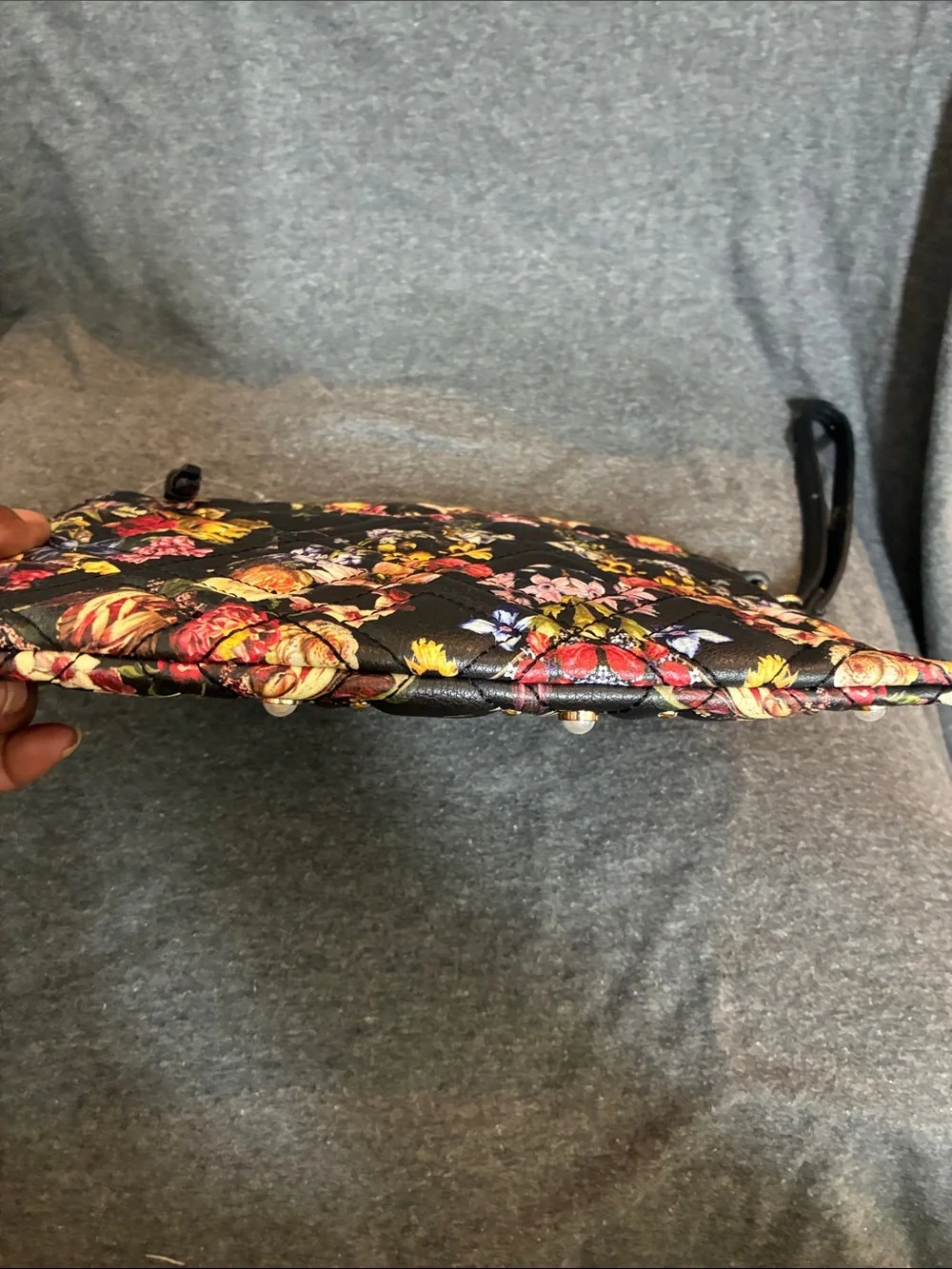 INC International Concepts Black Floral Quilted Wristlet with Pearl Accents